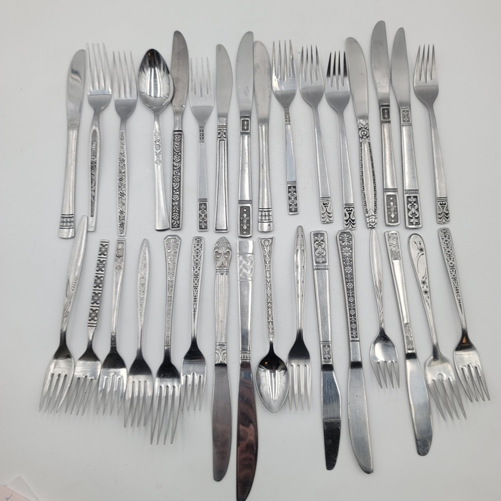 32 Pc Mixed Stainless Flatware Lot Engraved Etched Floral Geometric Mismatched